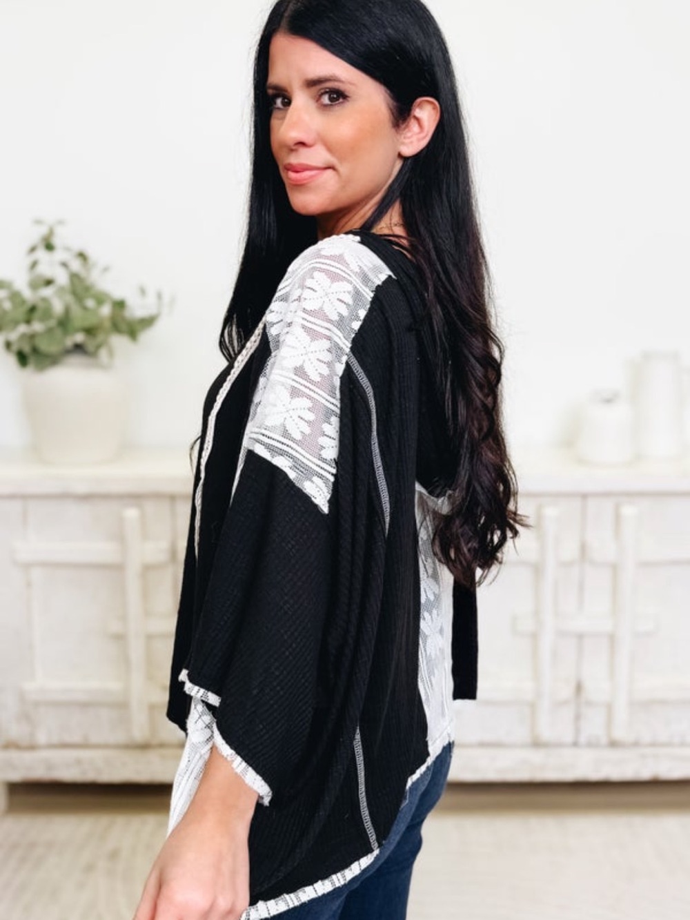 POL Black Top with White Lace Panels